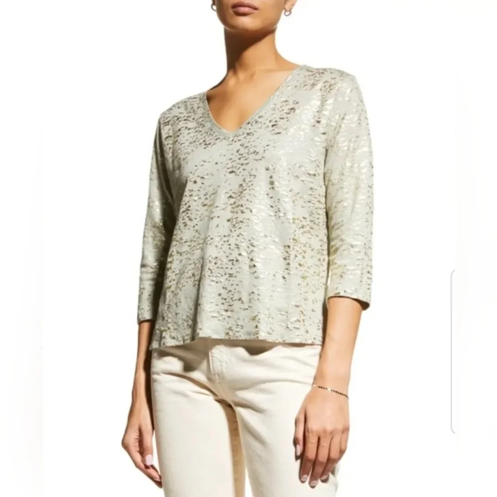 Majestic Filatures Stretch Linen Metallic Novelty 3/4-Sleeve Blouse Top size L
